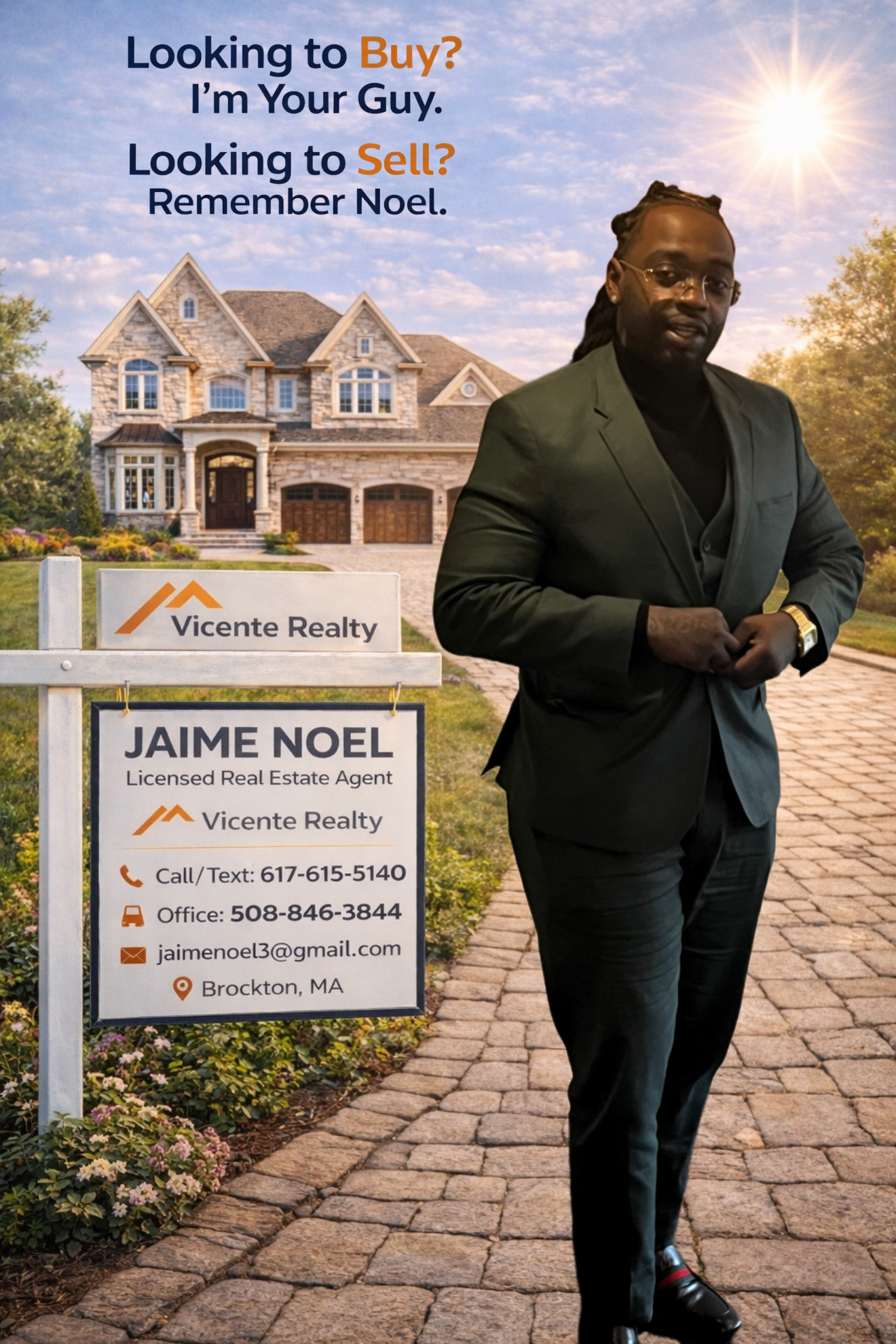 Jaime Noel beside a Vicente Realty for-sale sign in front of a home